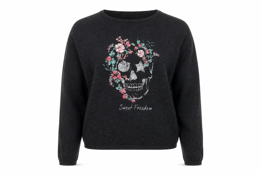 Front view of Springfield Women's Black Floral Skull jumper, S
