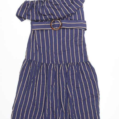 Topshop Women Blue Striped Dress, Size 10, Belted