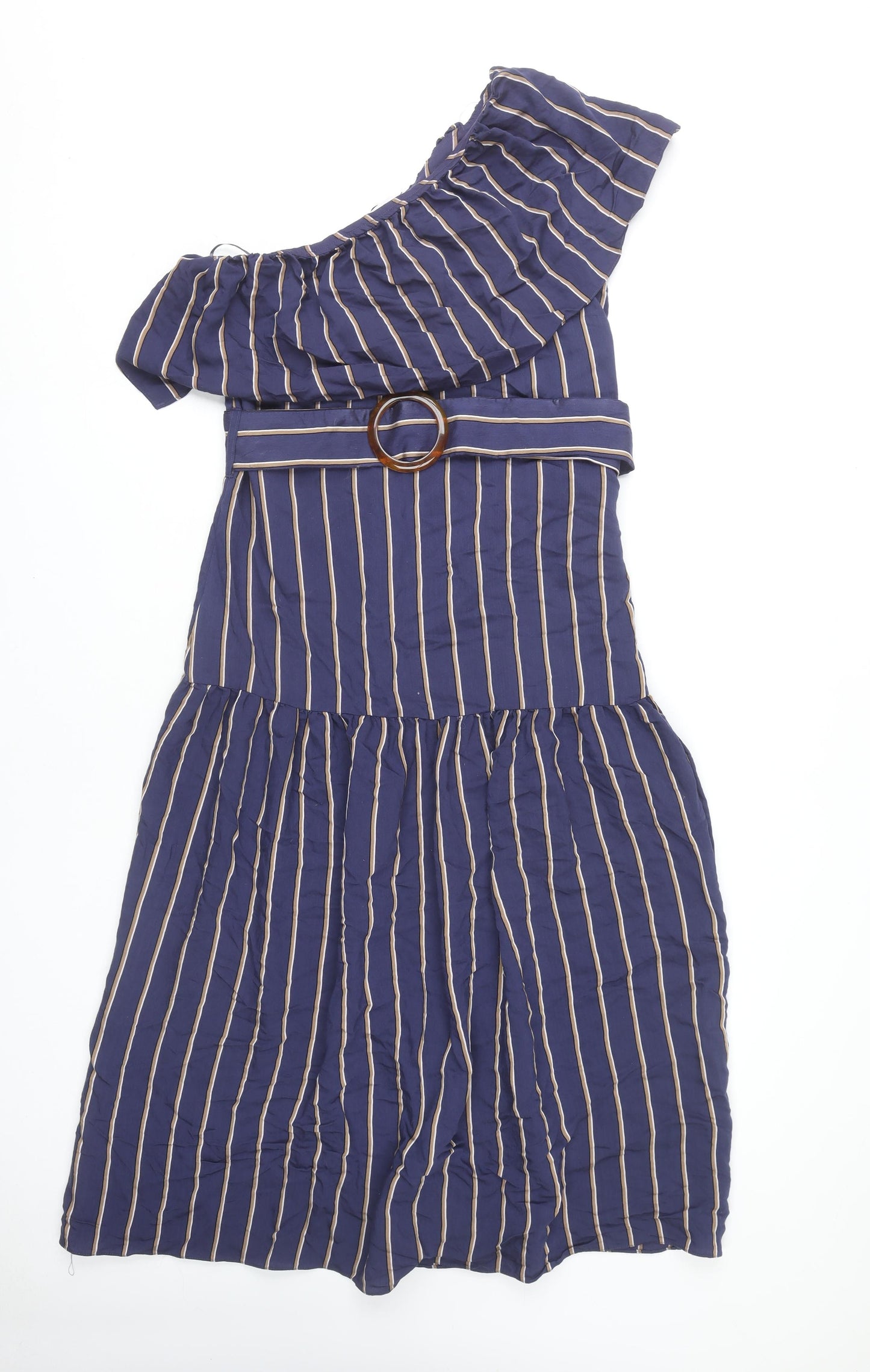 Topshop Women Blue Striped Dress, Size 10, Belted