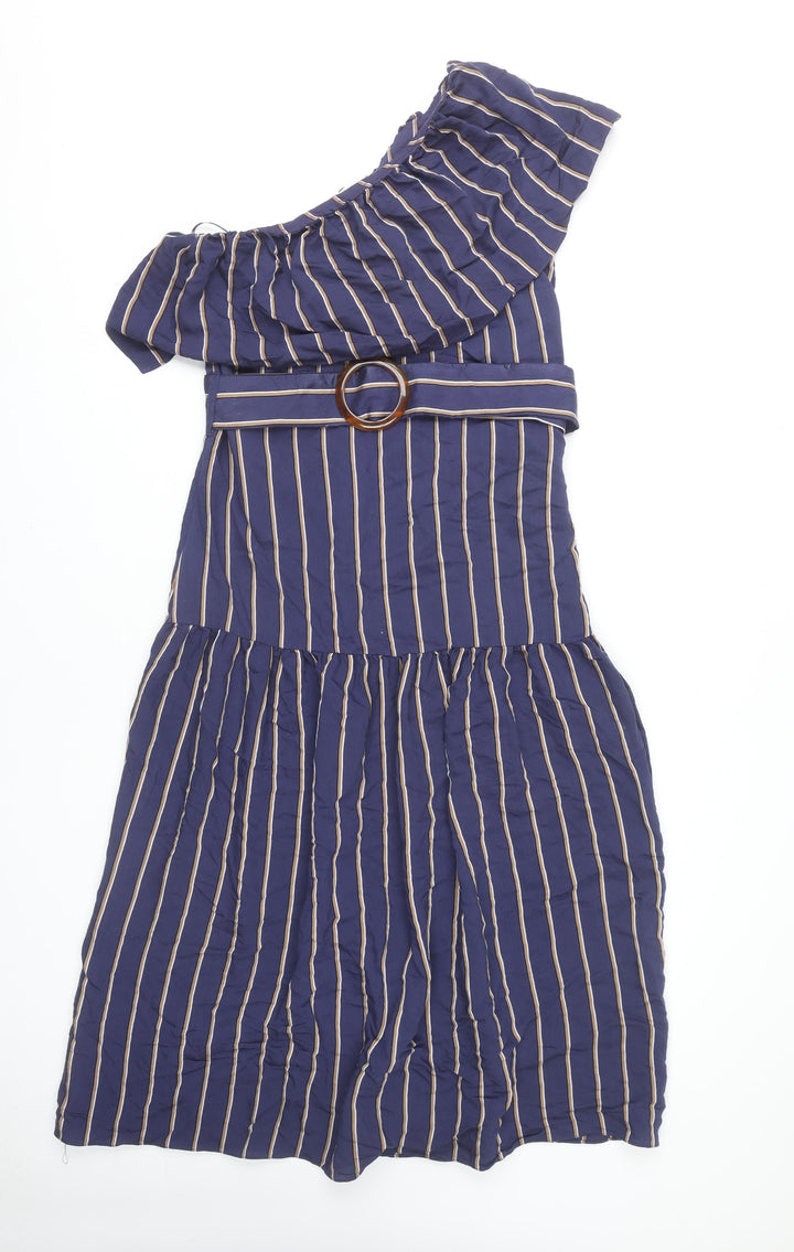 Topshop Women Blue Striped Dress, Size 10, Belted