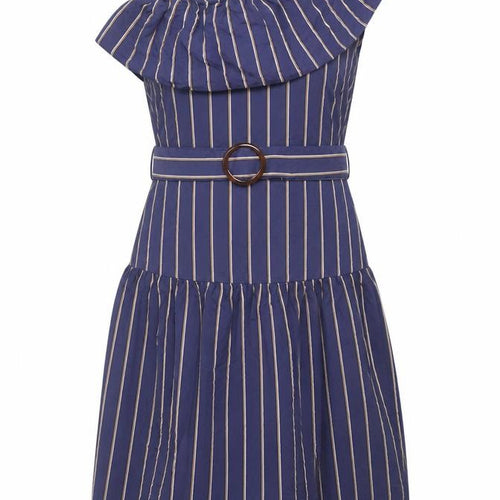 Topshop Women Blue Striped Dress, Size 10, Belted