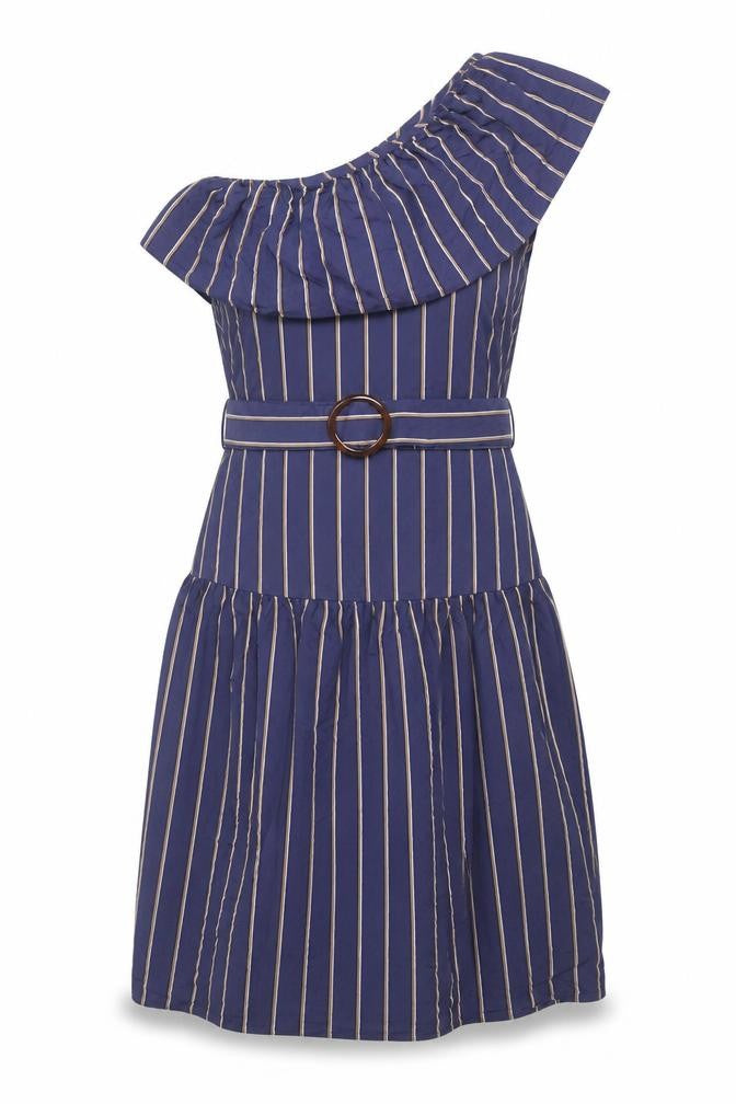 Topshop Women Blue Striped Dress, Size 10, Belted