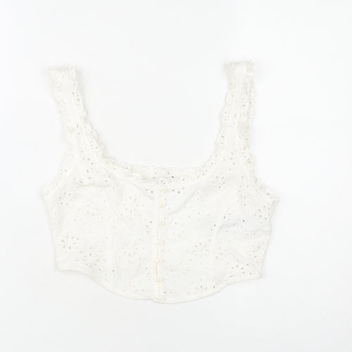 Bershka Women's White Cotton Cropped Camisole Blouse S Lace