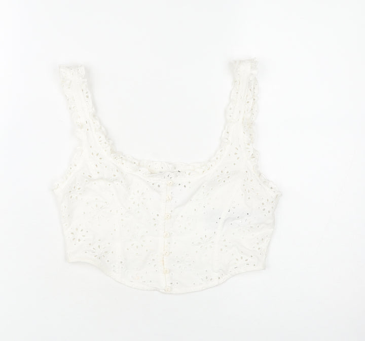 Bershka Women's White Cotton Cropped Camisole Blouse S Lace