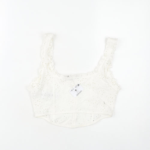 Bershka Women's White Cotton Cropped Camisole Blouse S Lace