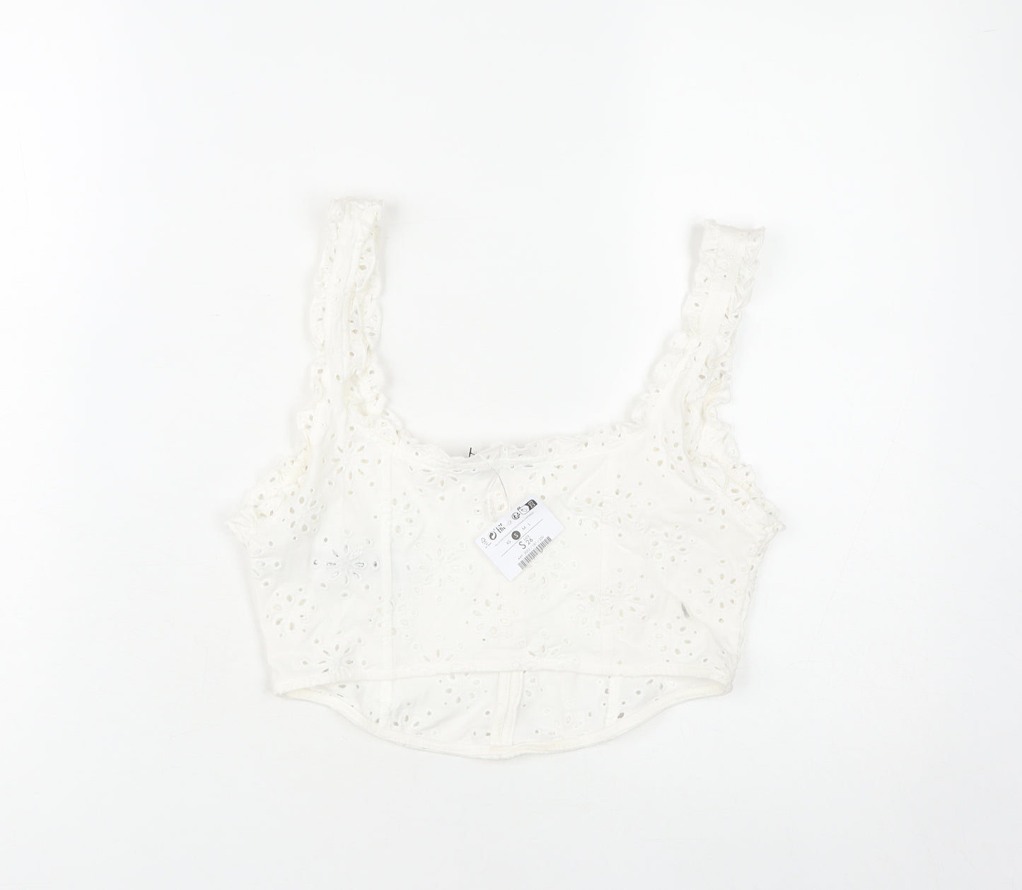 Bershka Women's White Cotton Cropped Camisole Blouse S Lace