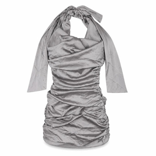 Front view of PRETTYLITTLETHING Women's Grey Halter Bodycon Dress, size 8