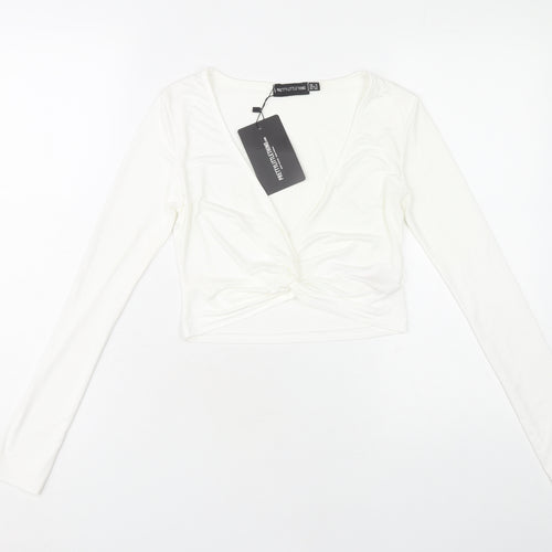 PrettyLittleThing Women's White Wrap Long Sleeve Top Size 8