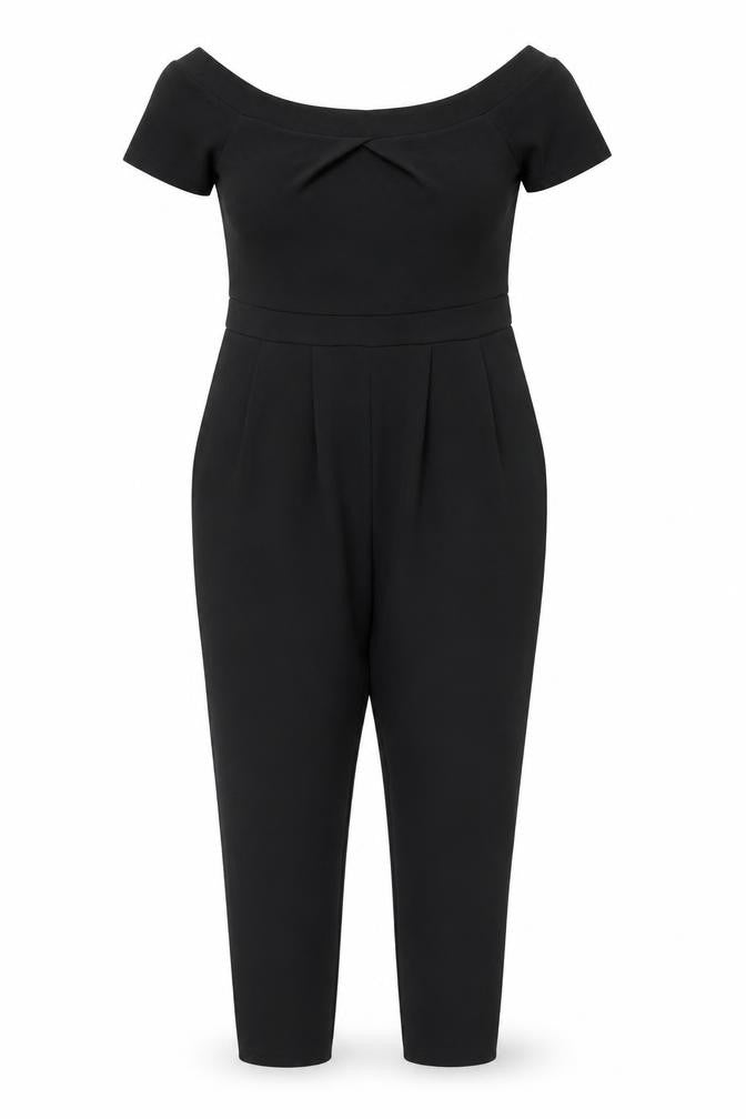 Front view of Cameo Rose Women's Black Off the Shoulder Jumpsuit, size 14