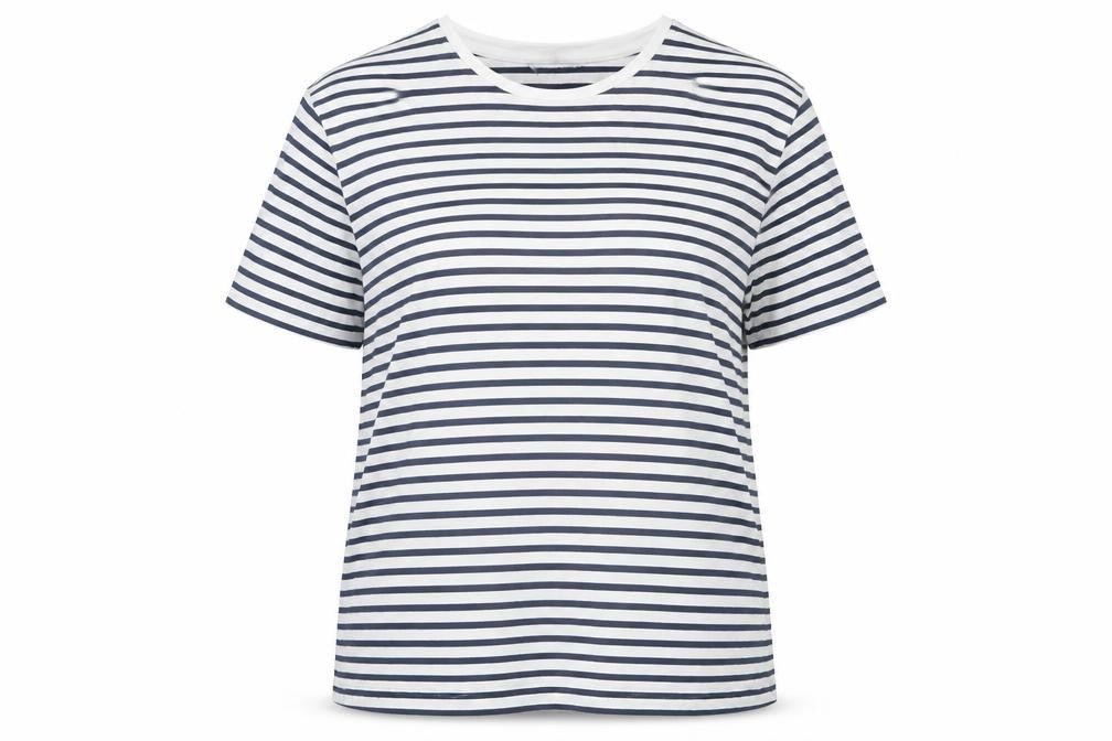 Front view of Marks & Spencer women’s navy striped t-shirt, size UK 18