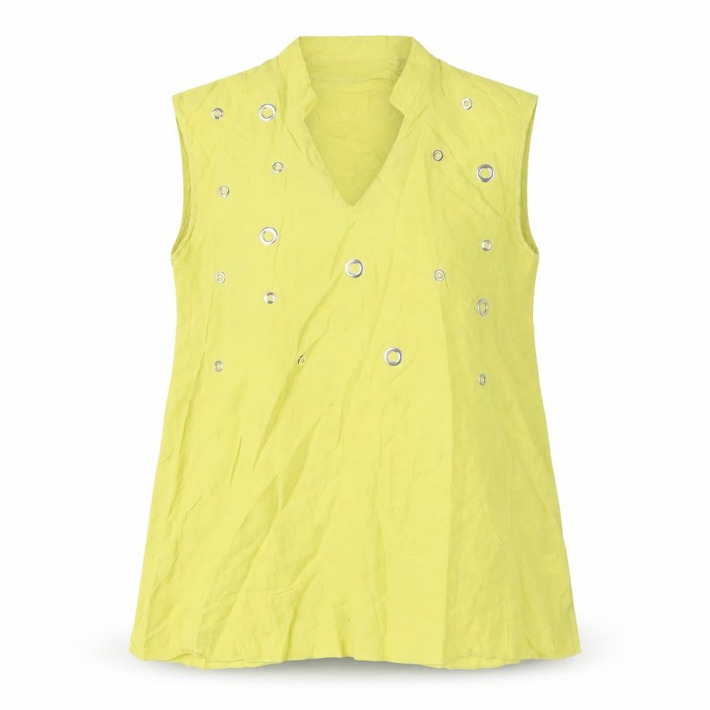 Front view of Peruzzi Women’s Green Sleeveless V-Neck Blouse, size UK 14