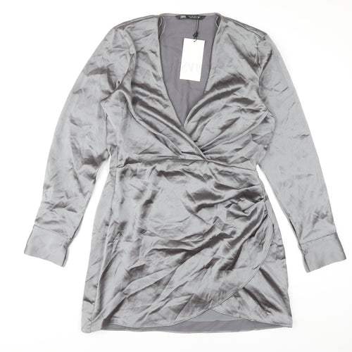 Zara Women’s Grey Wrap Dress, Size 14, Satin