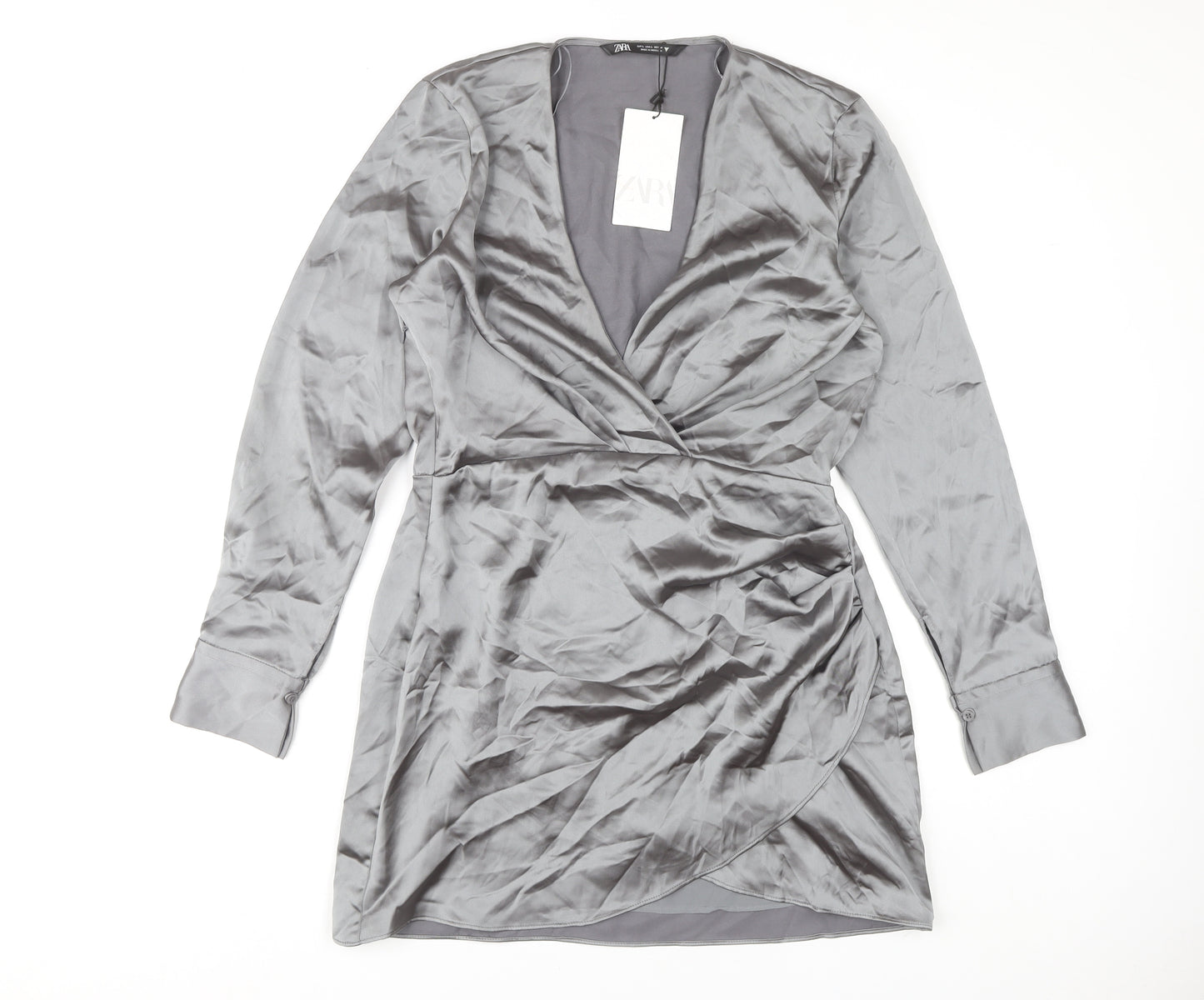 Zara Women’s Grey Wrap Dress, Size 14, Satin