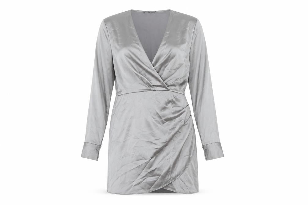 Front view of Zara Women’s Grey Wrap Dress, size UK 14, Satin