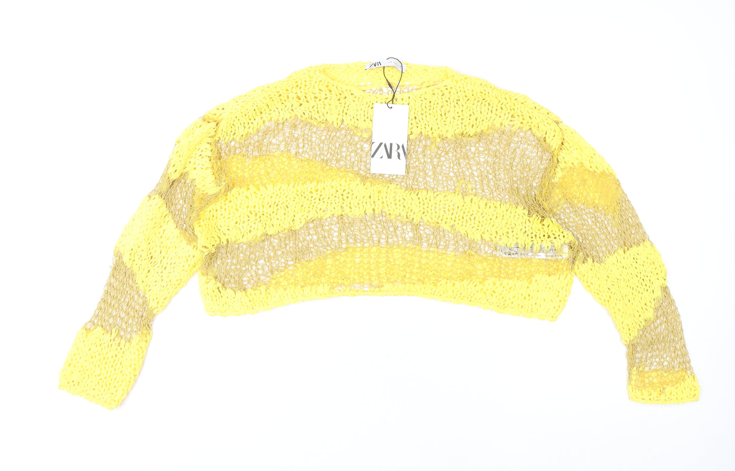 Zara Women's Yellow Open-Knit Cropped Jumper Size M