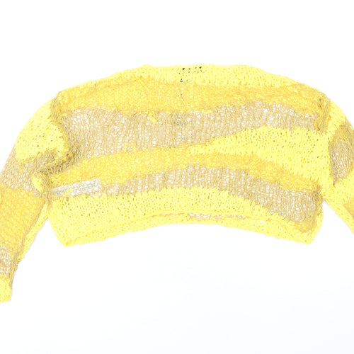 Zara Women's Yellow Open-Knit Cropped Jumper Size M
