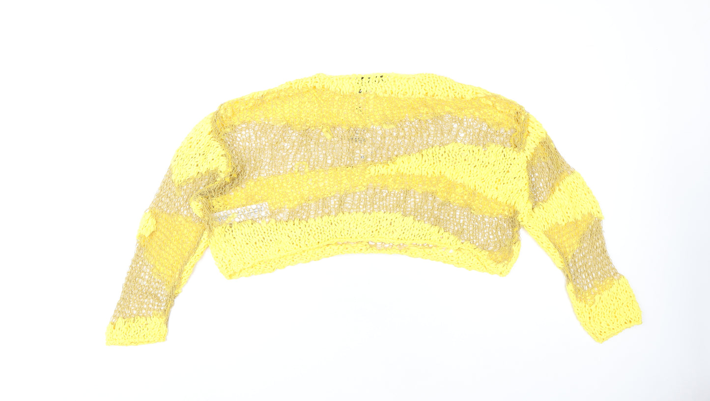 Zara Women's Yellow Open-Knit Cropped Jumper Size M
