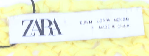 Zara Women's Yellow Open-Knit Cropped Jumper Size M