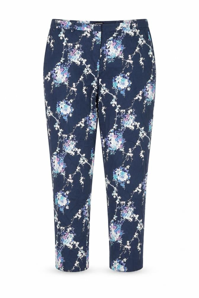 Front view of Oasis Women’s Blue Floral Trousers, size UK 14