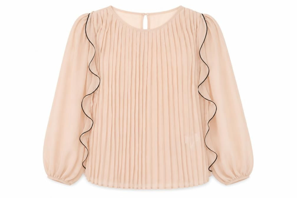 Front view of Zara Women's Beige Blouse, size 12, Long Sleeve
