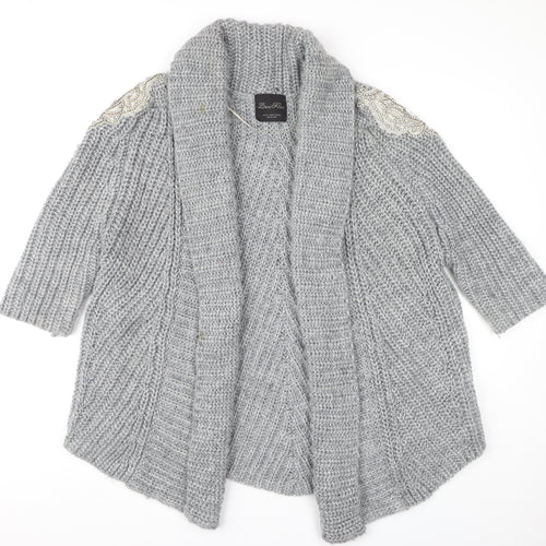 Zara Women's Grey Open Front Cardigan Size 12 with Beaded Accents