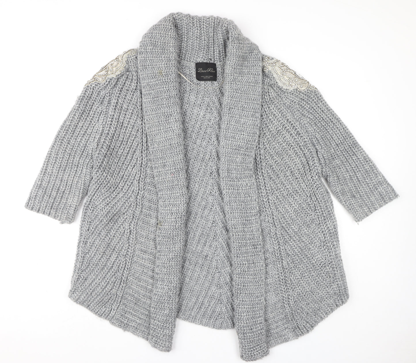 Zara Women's Grey Open Front Cardigan Size 12 with Beaded Accents
