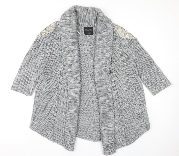 Zara Women's Grey Open Front Cardigan Size 12 with Beaded Accents