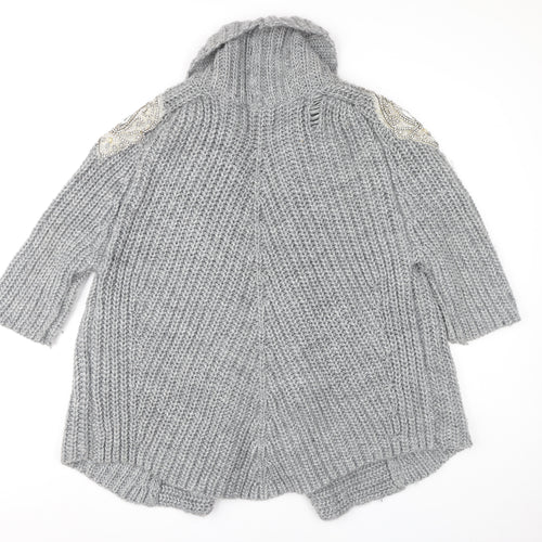 Zara Women's Grey Open Front Cardigan Size 12 with Beaded Accents
