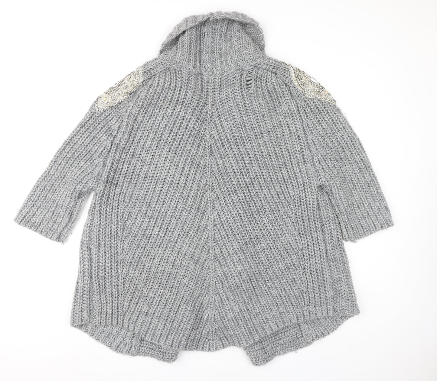 Zara Women's Grey Open Front Cardigan Size 12 with Beaded Accents