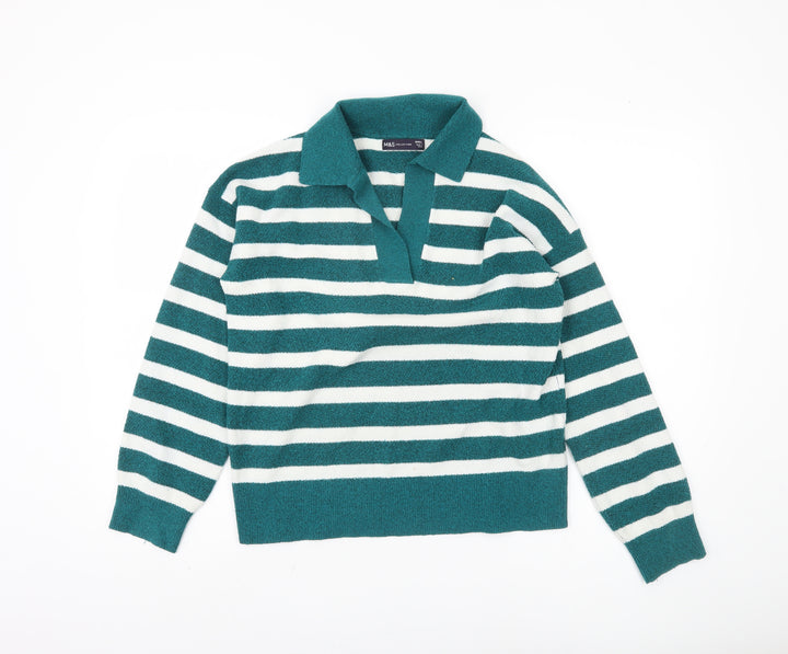 Marks and Spencer Women's Green Striped Pullover Jumper, Size S