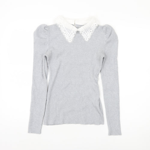 Oasis Women's Grey Pullover Jumper, M, Lace Collar