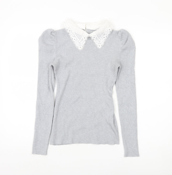 Oasis Women's Grey Pullover Jumper, M, Lace Collar