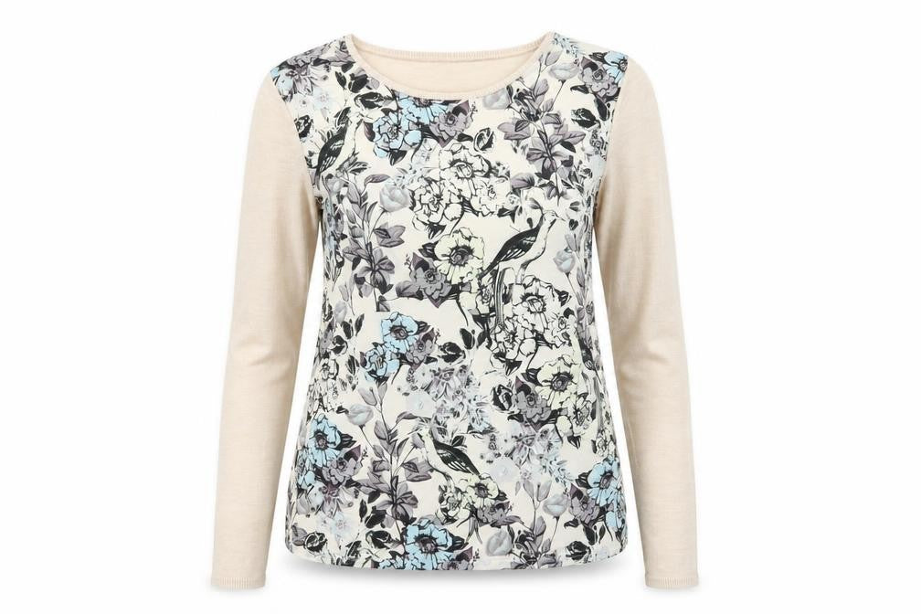 Front view of Warehouse Women's Beige Floral jumper S