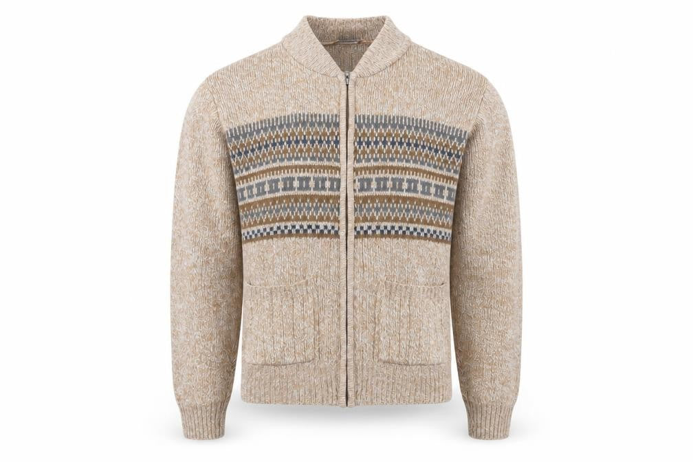 Front view of TOOTAL Men's Beige Full Zip Jumper, size S, Collared