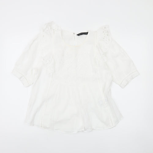 Zara Women White Blouse 3/4 Sleeve Ruffle Embroidered