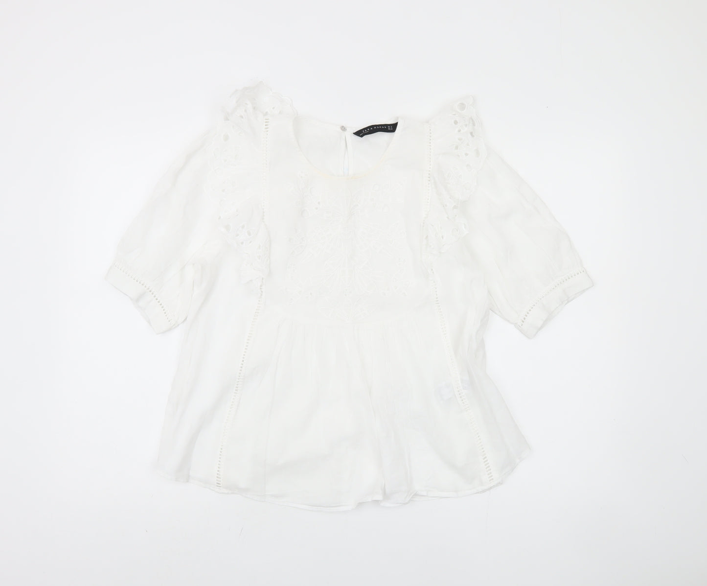 Zara Women White Blouse 3/4 Sleeve Ruffle Embroidered
