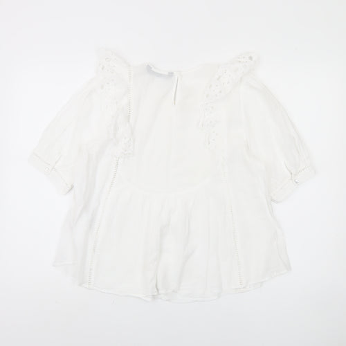 Zara Women White Blouse 3/4 Sleeve Ruffle Embroidered