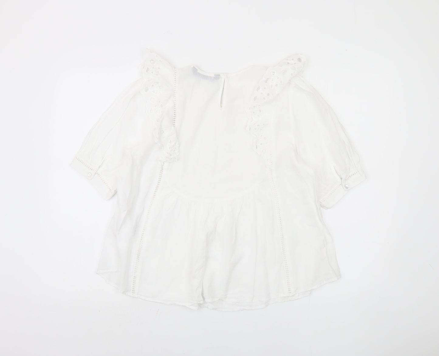 Zara Women White Blouse 3/4 Sleeve Ruffle Embroidered