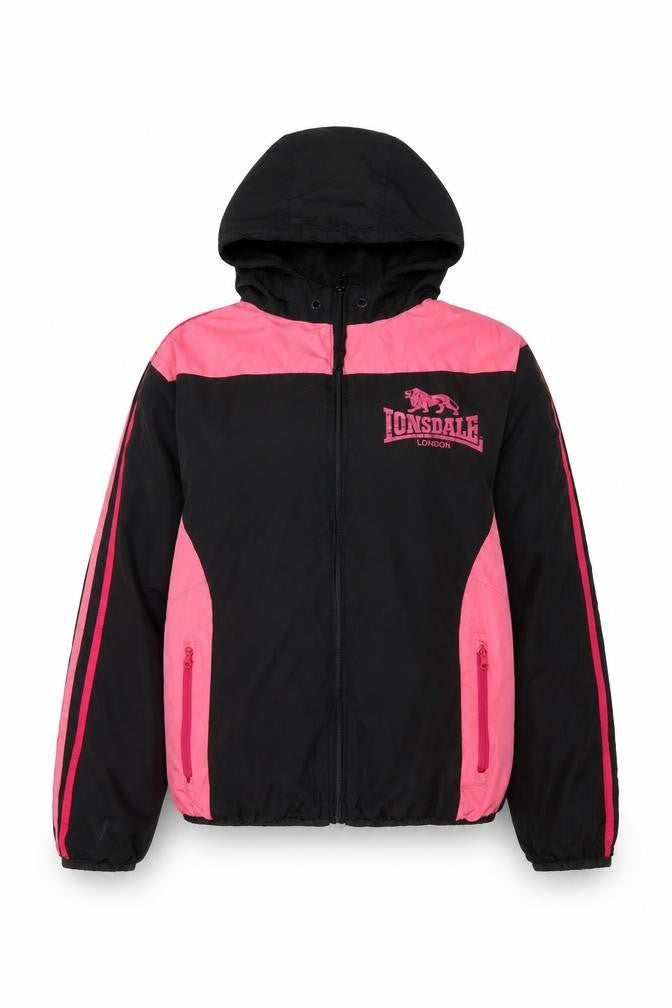 Front view of Lonsdale Women’s Black Pink Windbreaker Jacket, size UK 12
