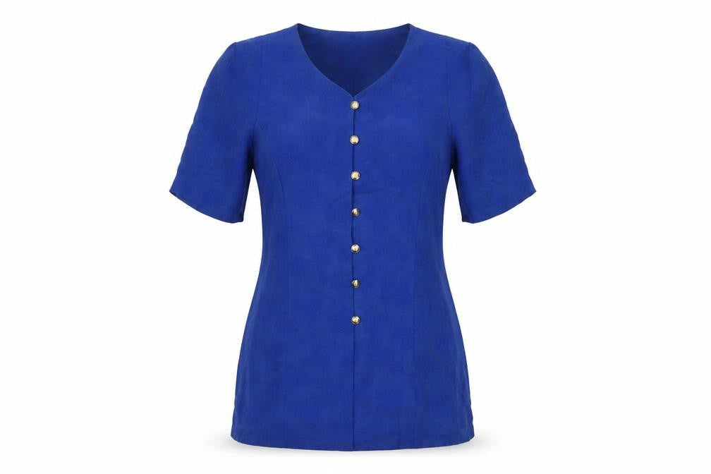 Front view of ARA Women's Blue V-Neck Button-Up Top, size 8