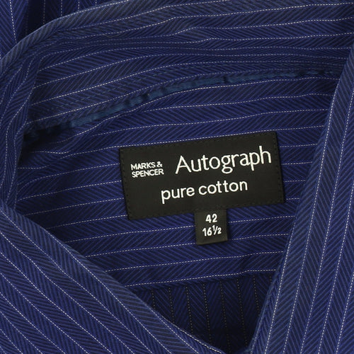 Marks & Spencer Men's Blue Striped Shirt, 16.5, Button-Up