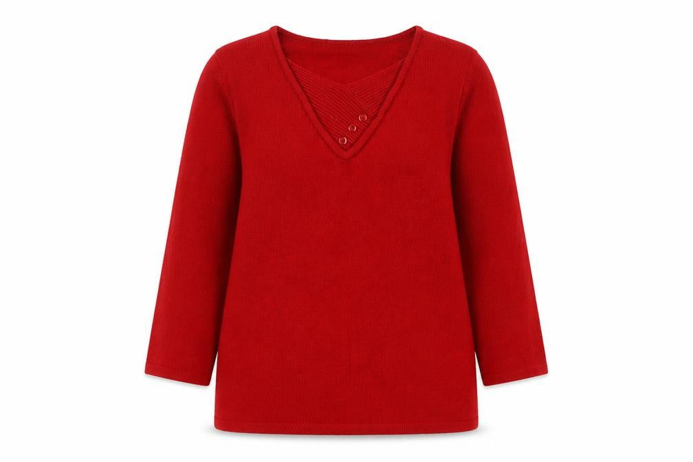 Front view of Paramour Women's Red V-Neck 3/4 Sleeve Pullover