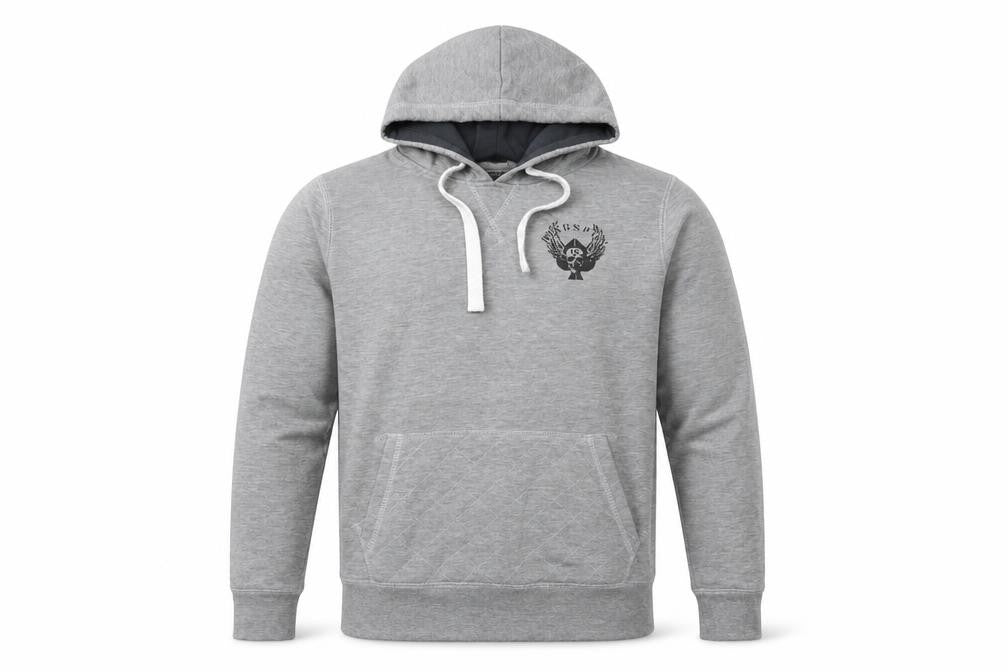 Front view of Bluespun Men's Grey Pullover Hoodie, Small, Logo Accent