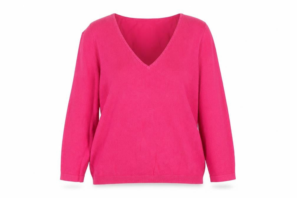 Front view of Marks & Spencer women’s pink v-neck jumper, size UK 8
