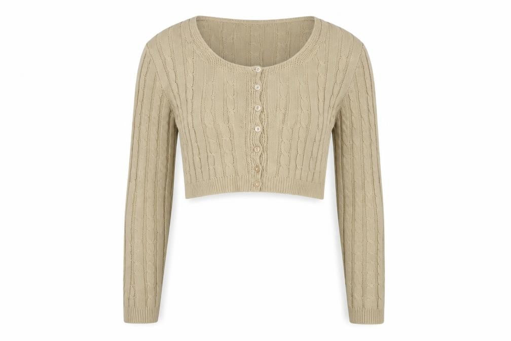 Front view of PRETTYLITTLETHING Beige Cardi Women M Cable-Knit Button