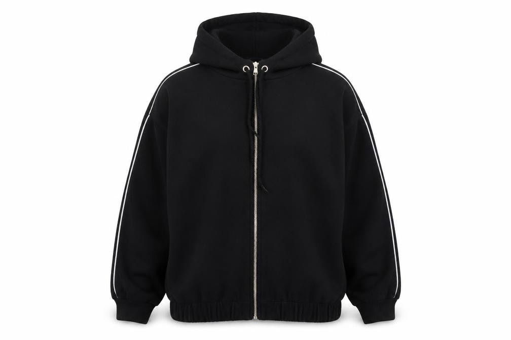 Front view of Boohoo Women’s Black Full Zip Hoodie, size UK 10