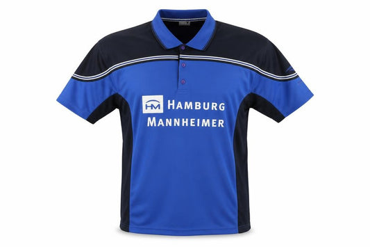 Front view of JAKO Men's Blue Black Football Polo Jersey L