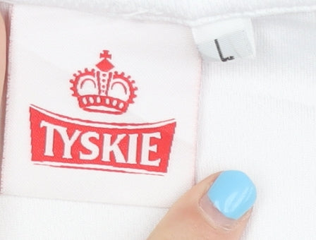 Tyskie Men's White L T-Shirt, V-Neck Basic