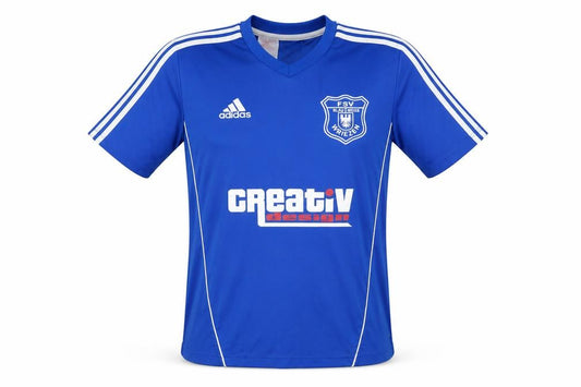 Front view of Adidas boys’ blue football jersey t-shirt, size 13-14