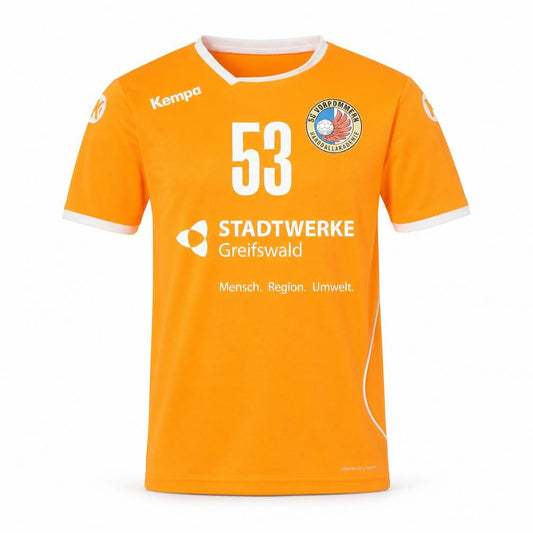 Front view of Kempa boys’ orange football jersey 13-14y short sleeve